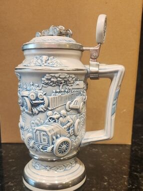 Avon White and Blue Racing Car Ceramic Stein